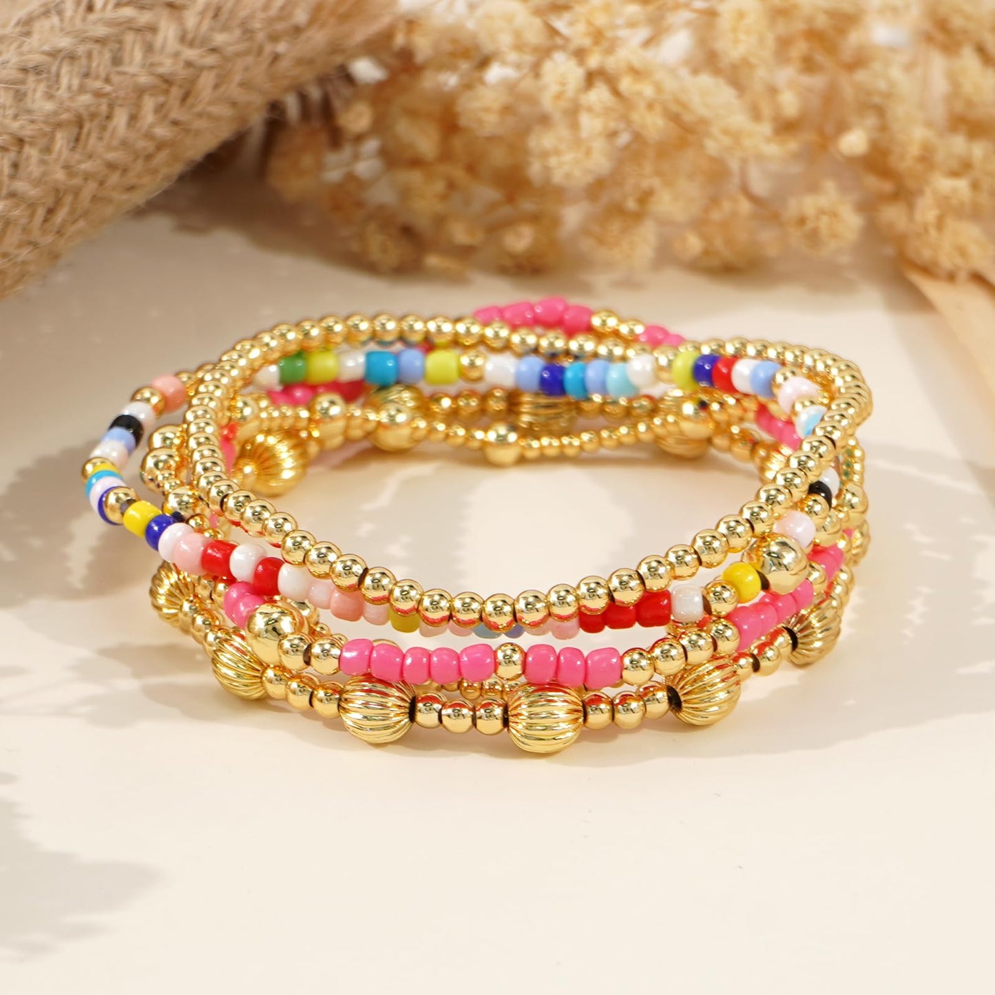 14K Gold Plated Pearl Beaded Cross Bracelets Stack Set for Women,Stretch Boho Colorful Christian Beads Ball Jewelry Friendship Summer Trendy Gift