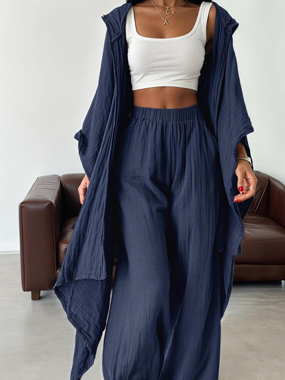 SOLY HUX Women's 2 Piece Linen Sets Hooded Kimono Cardigan High Waist Pants | Boho, Wide Leg, Elastic Waisted, Casual, Flowy, 2 Piece Outfits