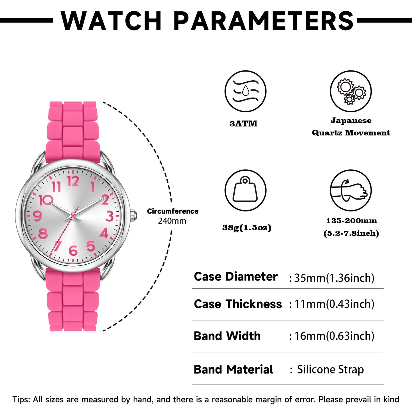 Bisley 35MM Watches for Women Big Face Easy Reader Silicone Strap Water Proof