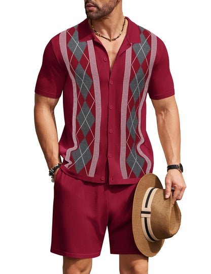 COOFANDY Men's 2 Piece Outfit Vintage Short Sleeve Button Down Knit Polo Shirts Casual Beach Shorts Sets
