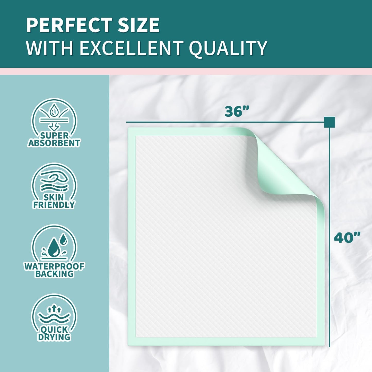 MILDPLUS Disposable Bed Pads 40"X40" 50pcs Extra Large Pee Pads for Incontinence 140 Gram Heavy Duty Super Absorbent Underpads Waterproof Chucks Pads for Adults, Elderly or Pets [100x100CM]