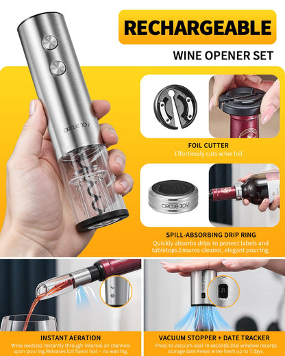 CIRCLE JOY Electric Wine Opener Rechargeable 5-in-1 Stainless Steel Wine Gift Set with Foil Cutter, Wine Aerator Pourer, Wine Drip Ring & Vacuum Stopper, Ideal Gifts for Wine Lovers, Silver