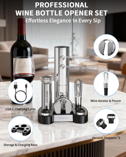 CIRCLE JOY Electric Wine Opener Rechargeable 5-in-1 Stainless Steel Wine Gift Set with Foil Cutter, Wine Aerator Pourer, Wine Drip Ring & Vacuum Stopper, Ideal Gifts for Wine Lovers, Silver