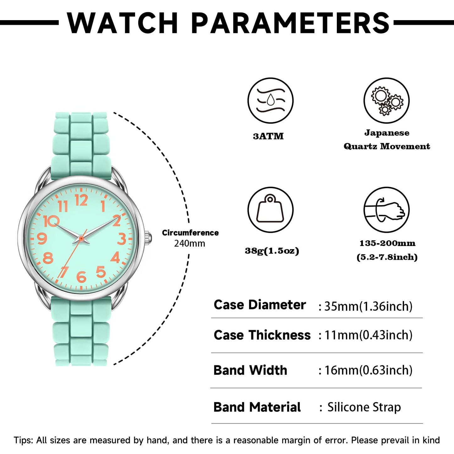 Bisley 35MM Watches for Women Big Face Easy Reader Silicone Strap Water Proof