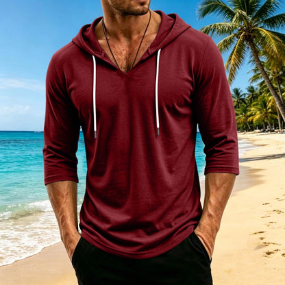 Mens Hooded 3/4 Sleeve Pullover Relaxed Fit Casual Lightweight Comfort Top