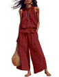 Tanming Women's Linen 2 Piece Outfits Sleeveless Ruffle Top Wide Leg Pants Summer Loungewear Beach Travel Sets