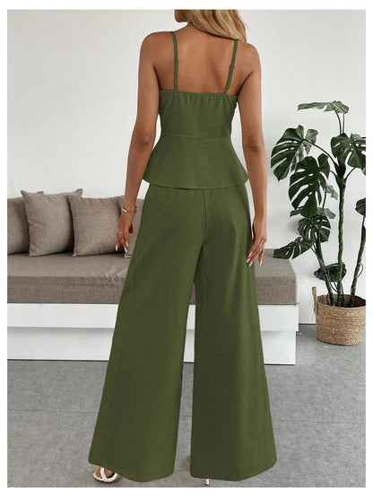 SOLY HUX Women's 2 Piece Summer Outfit Button Down Peplum Cami Top and Wide Leg Pants Set