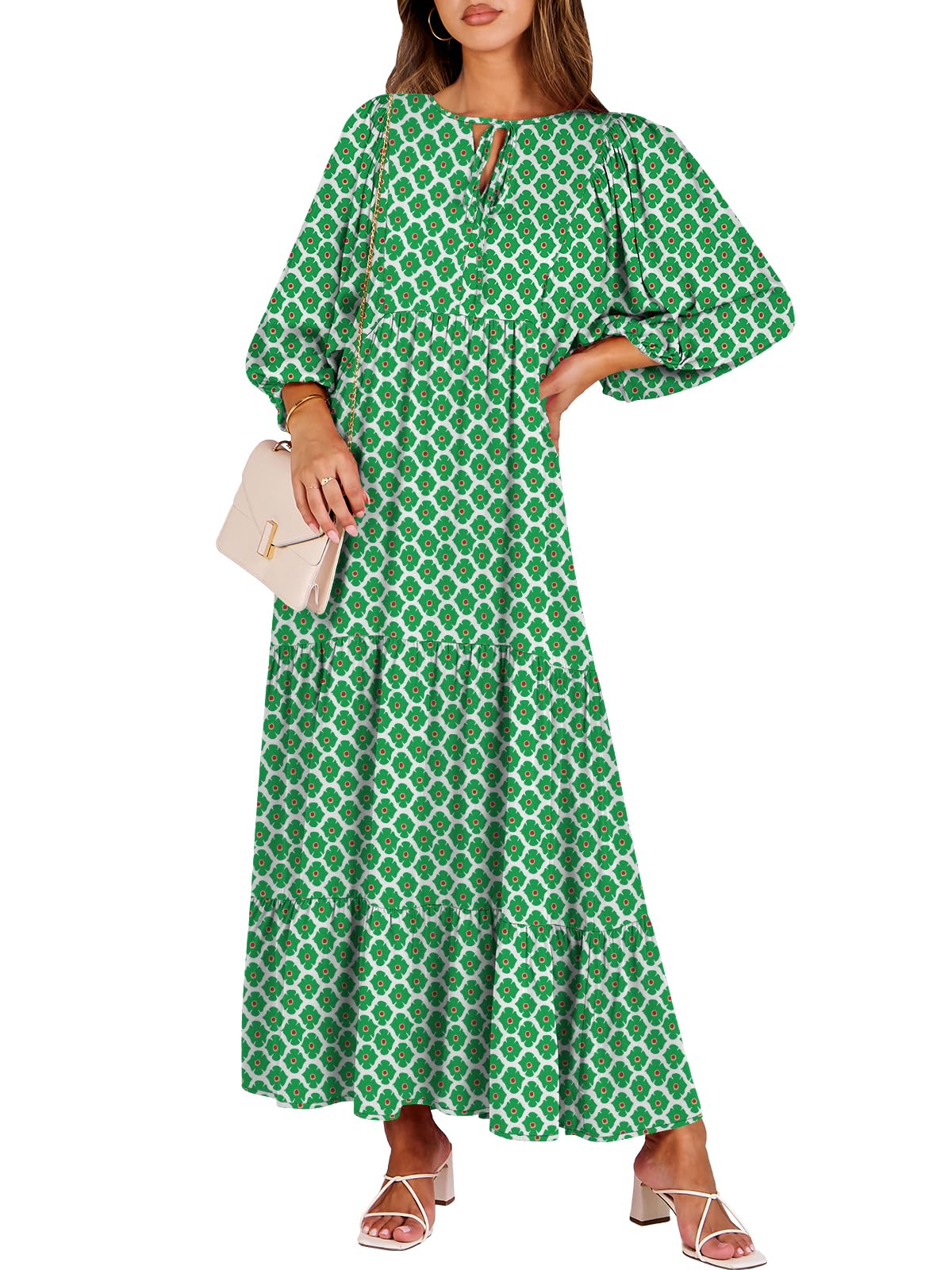 ANRABESS Womens Boho Floral 3/4 Puff Sleeve Maxi Dress | Tiered Flowy Loose Fit, Comfy Soft Rayon Fabric, Wedding Guest Church Beach, Modest Elegant, Spring Summer Fall Outfits
