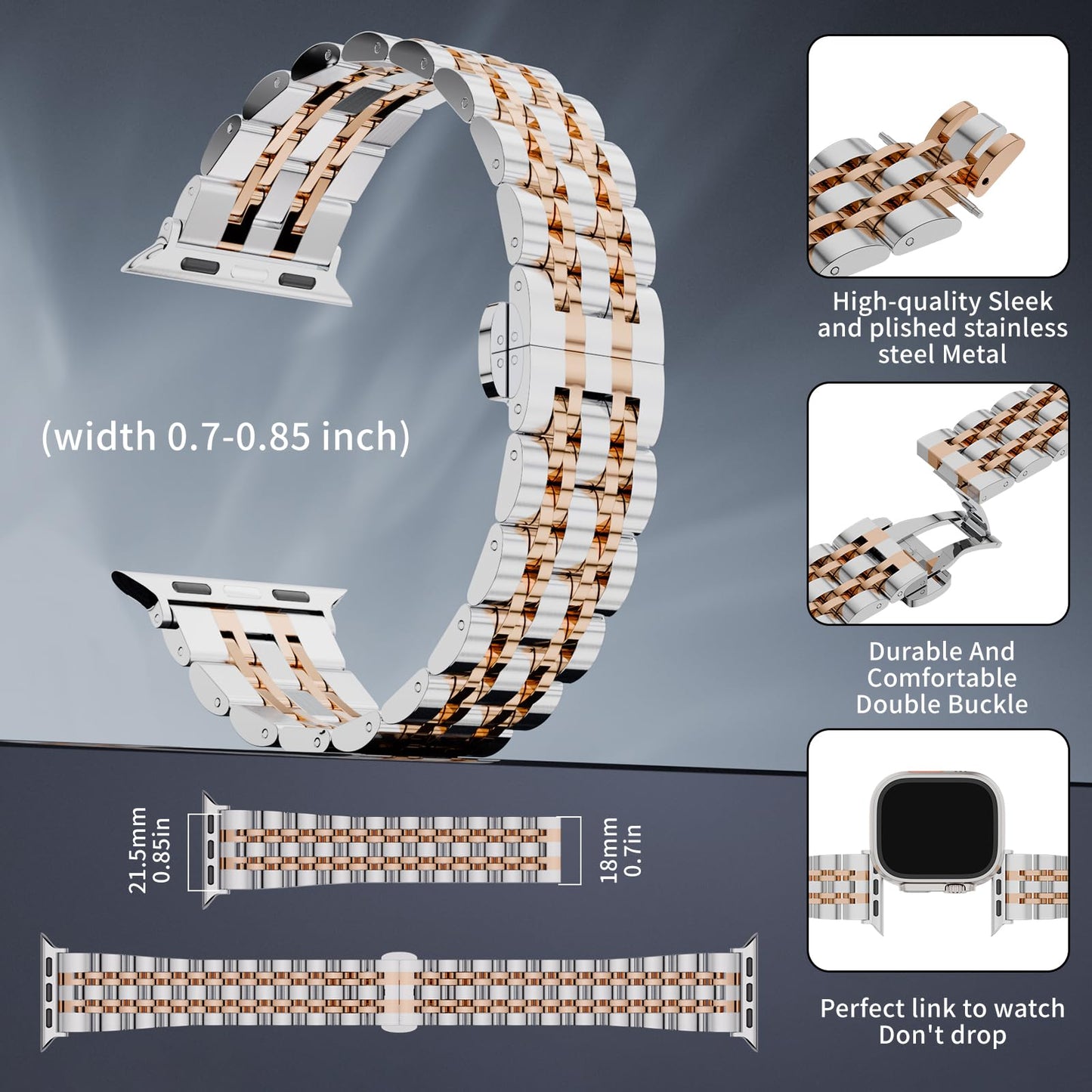 Seven Band Solid Stainless Steel for Apple Watch for Women | Compatible with Apple Watch Band 42mm/41mm/40mm/38mm, Metal Strap for Iwatch Series 11-1/SE 1-3 Women and Men, Gold Silver.