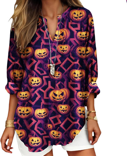 Womens Bohemian Print Tunic Top Cotton Blend V Neck Long Sleeve Loose Fit Casual Blouse for Summer Beach Vacation