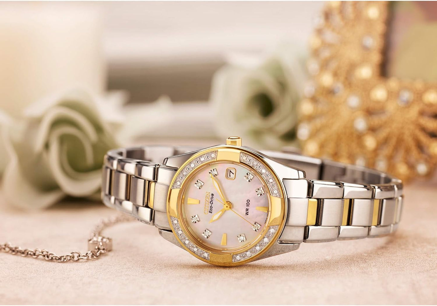 Citizen Women's Eco-Drive Dress Classic Diamond Watch in Two-Tone Stainless Steel, Mother of Pearl Dial (Model: EW1824-57D)
