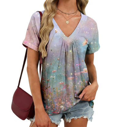 domirica Japanese Print Blouse Women V Neck Short Sleeve Lightweight Breathable Summer Casual Soft Comfy Tops 2026