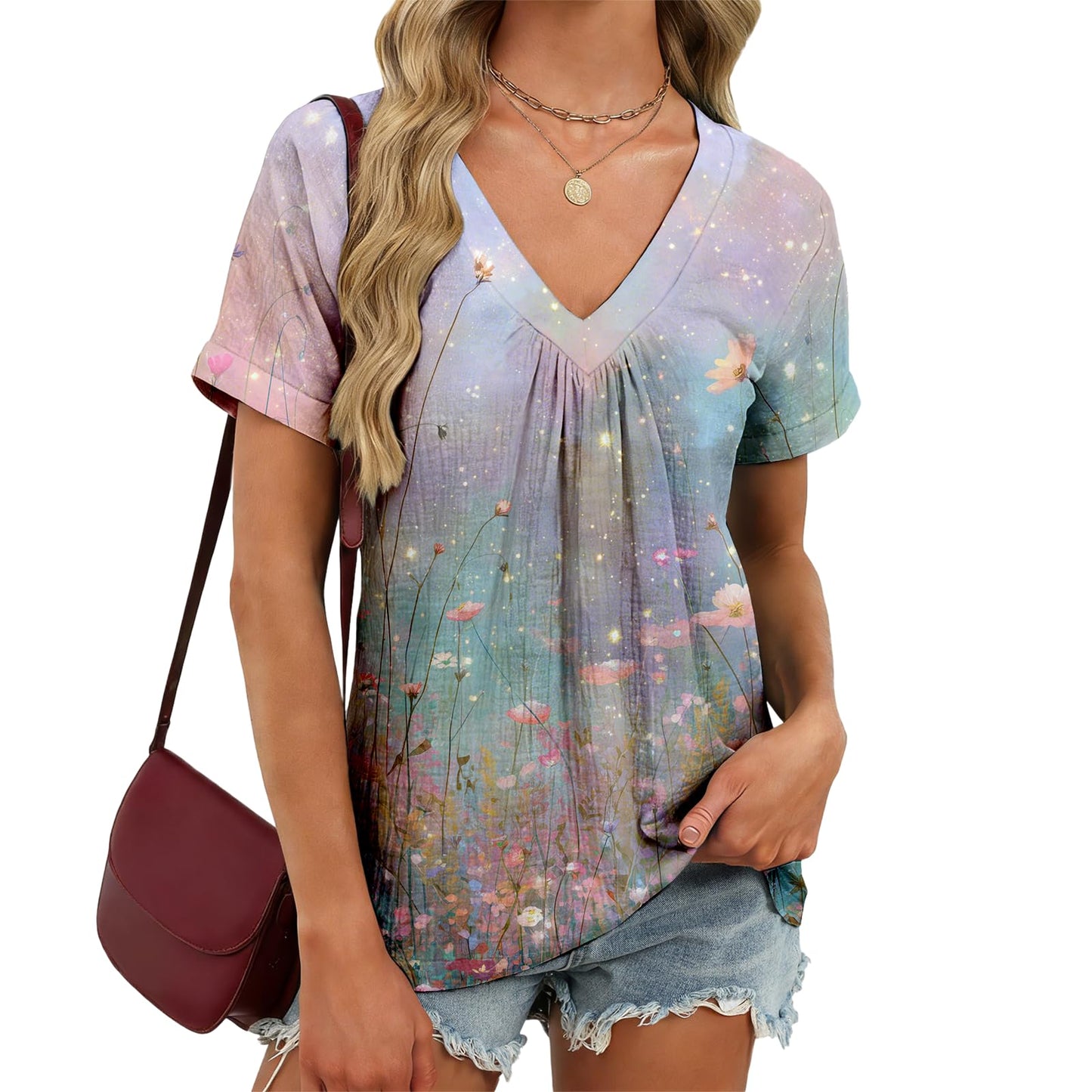 domirica Japanese Print Blouse Women V Neck Short Sleeve Lightweight Breathable Summer Casual Soft Comfy Tops 2026