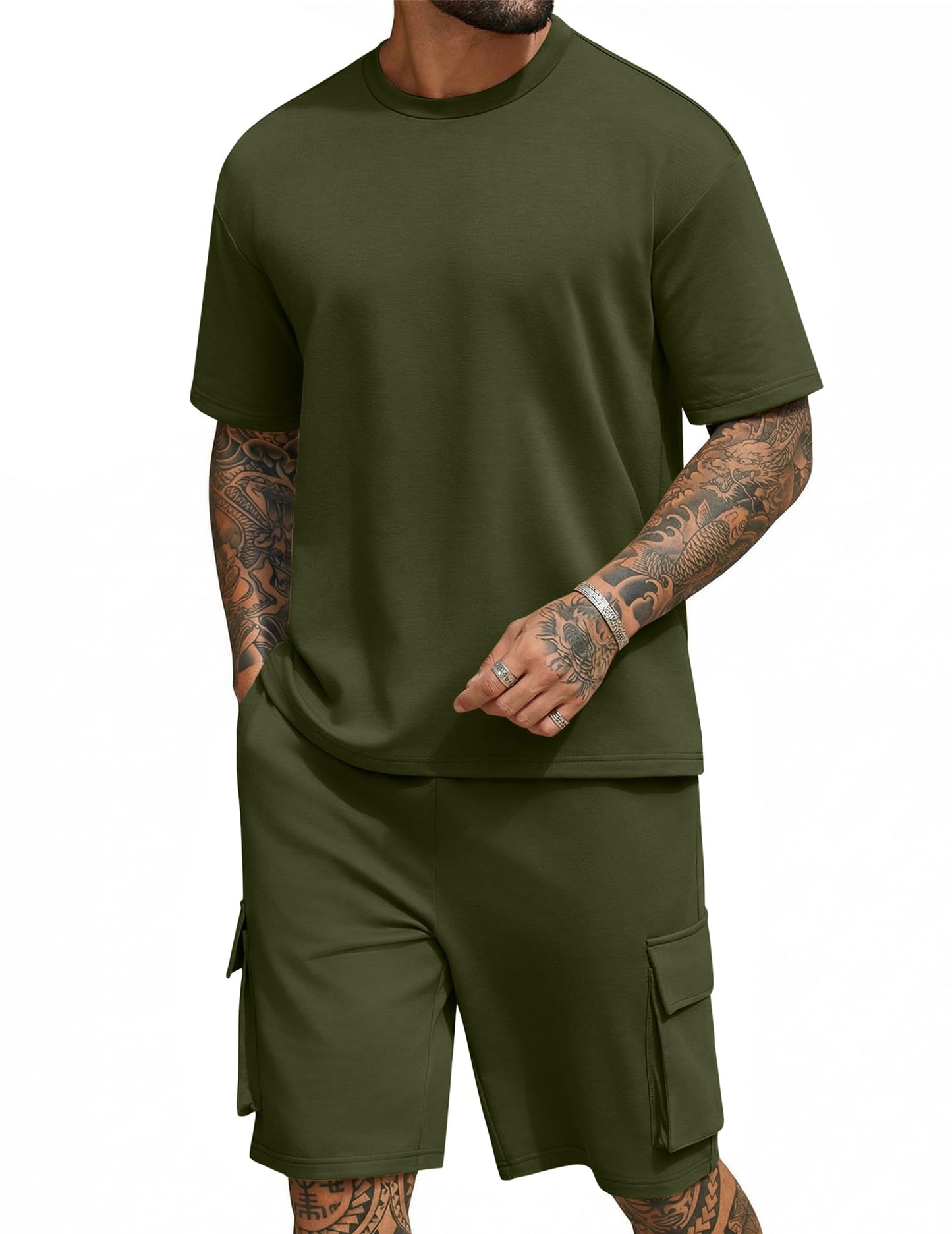 COOFANDY Men's Shirt and Shorts Set 2 Piece Fashion Summer Tracksuits Cotton Oversized T-Shirts Cargo Shorts Outfits