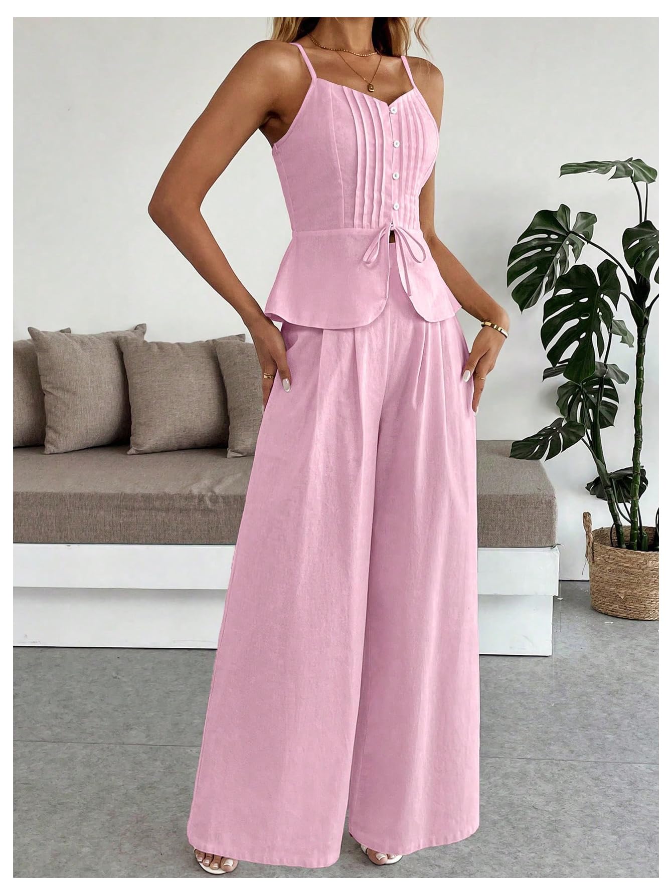 SOLY HUX Women's 2 Piece Summer Outfit Button Down Peplum Cami Top and Wide Leg Pants Set