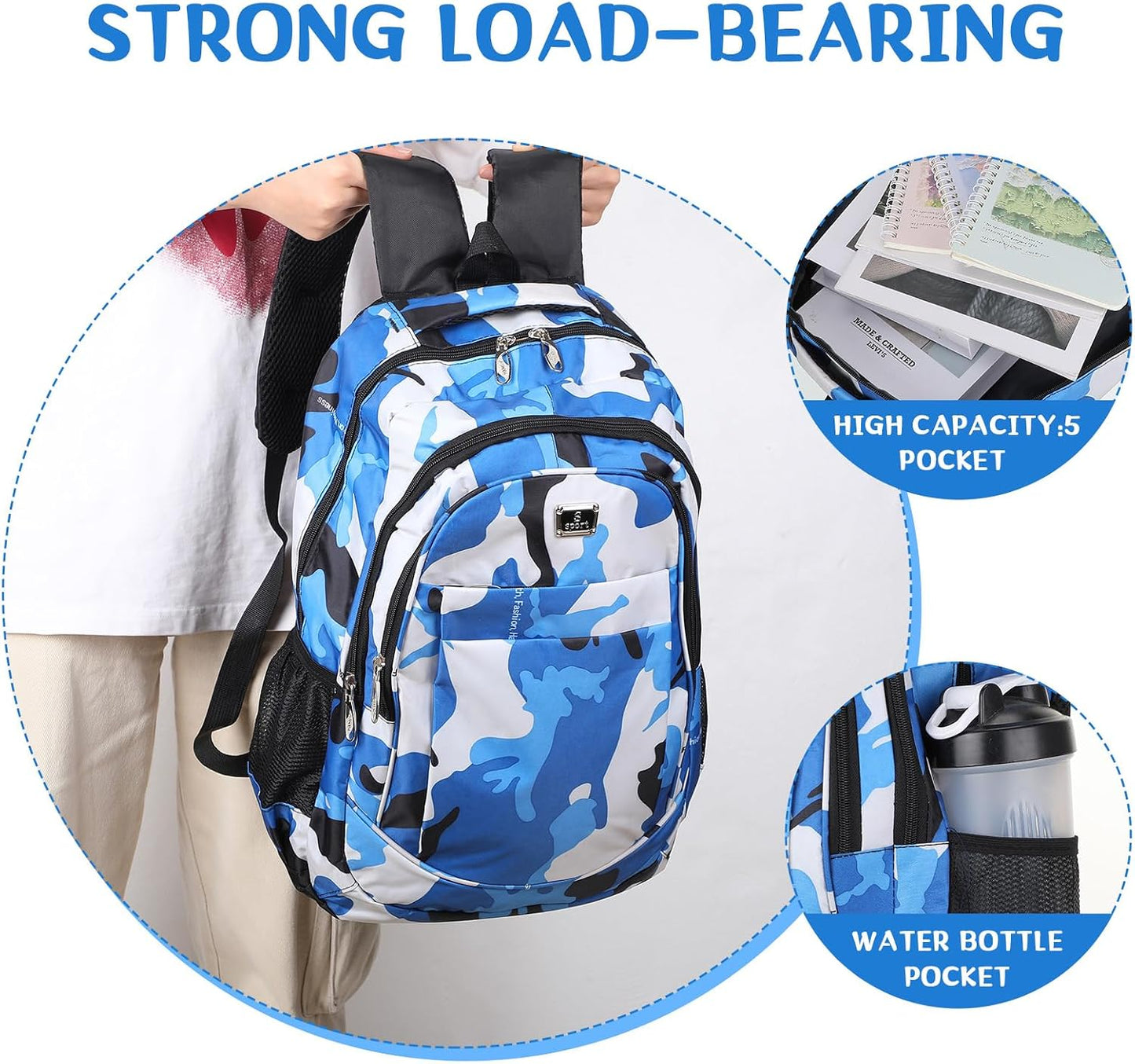 PerKoop 8 Pieces Backpacks Boys and Girls 17 Inch School Bag Bulk Printed Student Backpacks with Adjustable Padded Straps and Bottle Holder for Back to School Elementary Middle High School, 8 Color