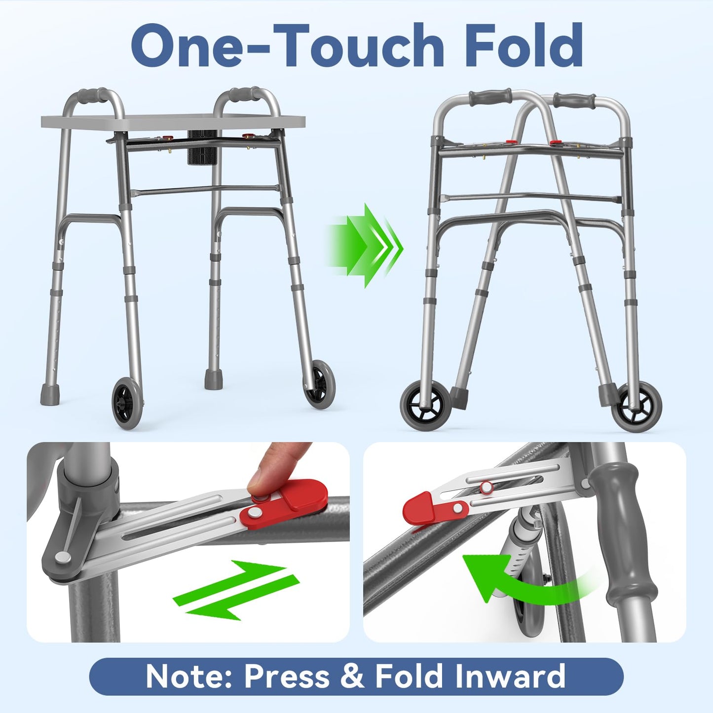 Loyoda Folding Walker with 2 Skis and 5" Wheels, Lightweight Walkers for Seniors and Adults, Supports Up to 350 Pounds, Adjustable Height, Compact Standard Walker, Black