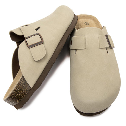 Women Suede Clogs Casual Slip On Potato Mule Slippers | Soft Suede Upper, Arch-Support Cork Insole, Adjustable Buckle, Anti-Slip Sole