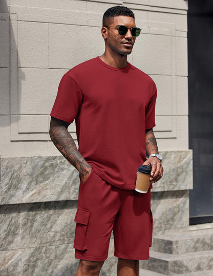 COOFANDY Men's Shirt and Shorts Set 2 Piece Fashion Summer Tracksuits Cotton Oversized T-Shirts Cargo Shorts Outfits