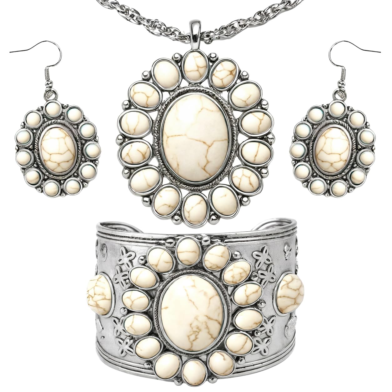 Shop LC Howlite Western Jewelry Set for Women Boho Cowgirl | 3-Piece Necklace Bracelet Earrings, Turquoise-Inspired, Chunky Statement, Southwestern