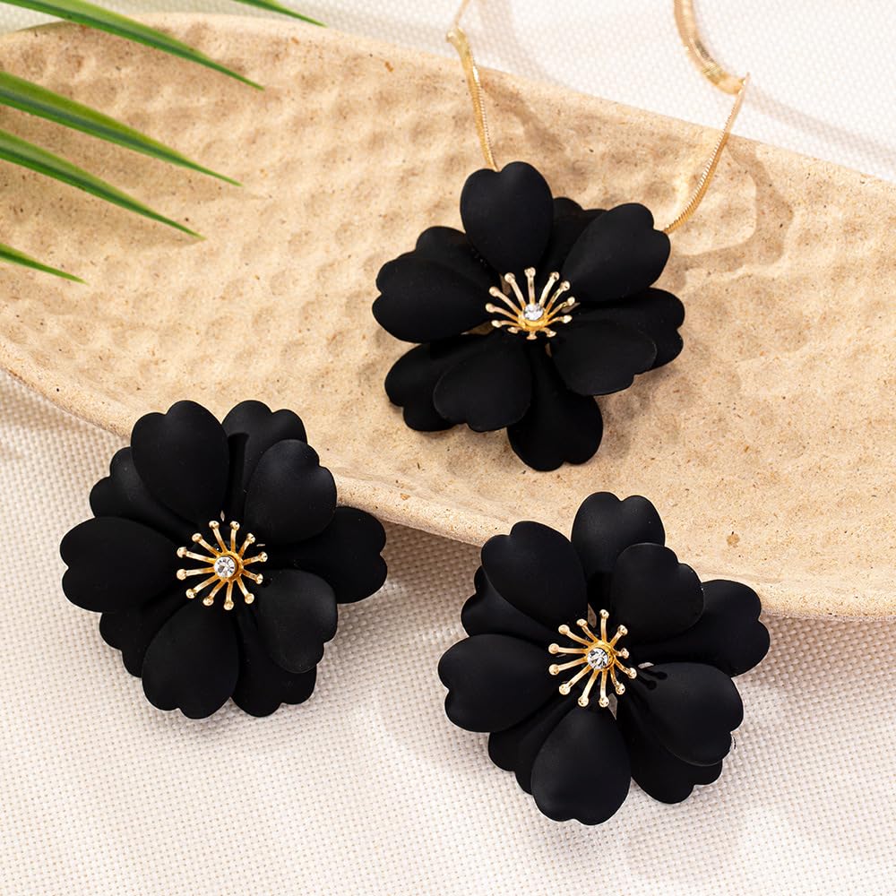 Vintage Flower Necklace Earring Set Gold Snake Chain Necklace Bohemian Red Flowers Choker Necklaces Hypoallergenic Statement Flower Stud Earrings Elegant Bridal Wedding Summer Beach Jewelry