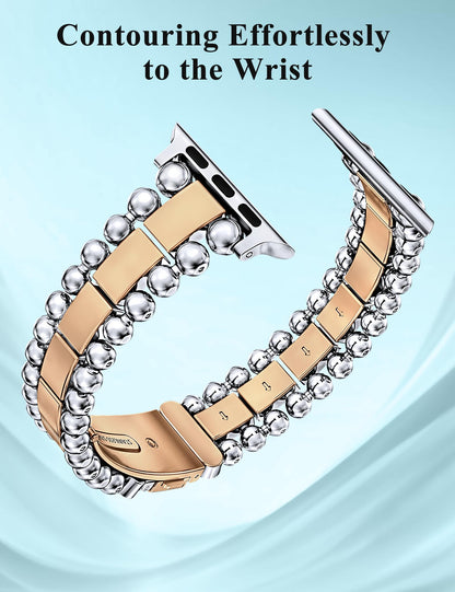 TOYOUTHS Beaded Bracelet Compatible with Apple Watch Bands 38/40/41/42/44/45/46/49mm Women, Dressy Fancy Stainless Steel Metal Elegant Jewelry Strap for iWatch Series 11 10 9 8 7 6 5 4 Ultra/SE 3 2 1