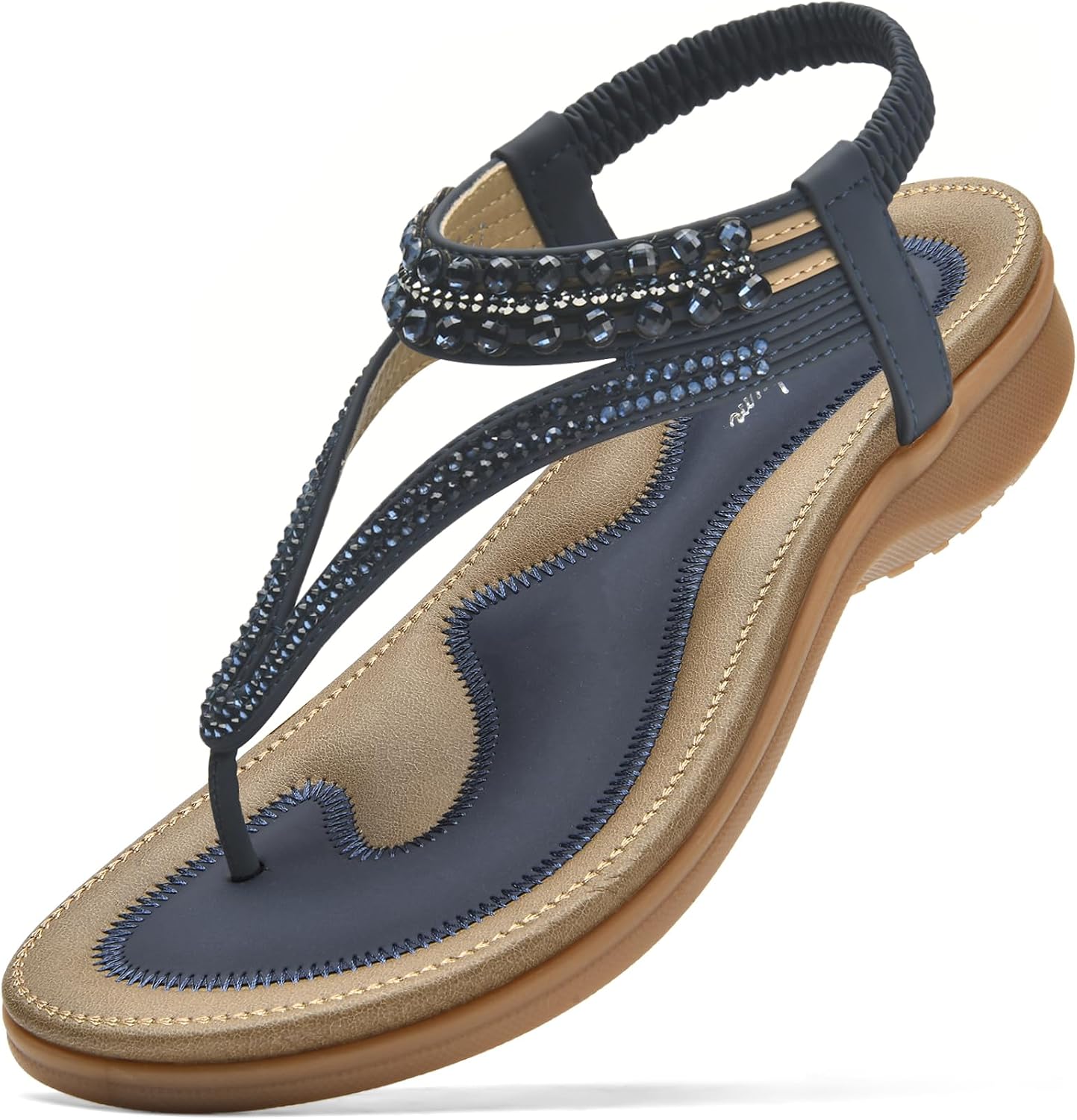 Littleplum Womens Sandals Arch Support Slingback Rhinestone Dressy Sandals Comfort Summer Shoes Ankle Strap Elastic Flats for Beach Walking