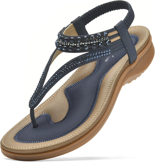 Littleplum Womens Sandals Arch Support Slingback Rhinestone Dressy Sandals Comfort Summer Shoes Ankle Strap Elastic Flats for Beach Walking