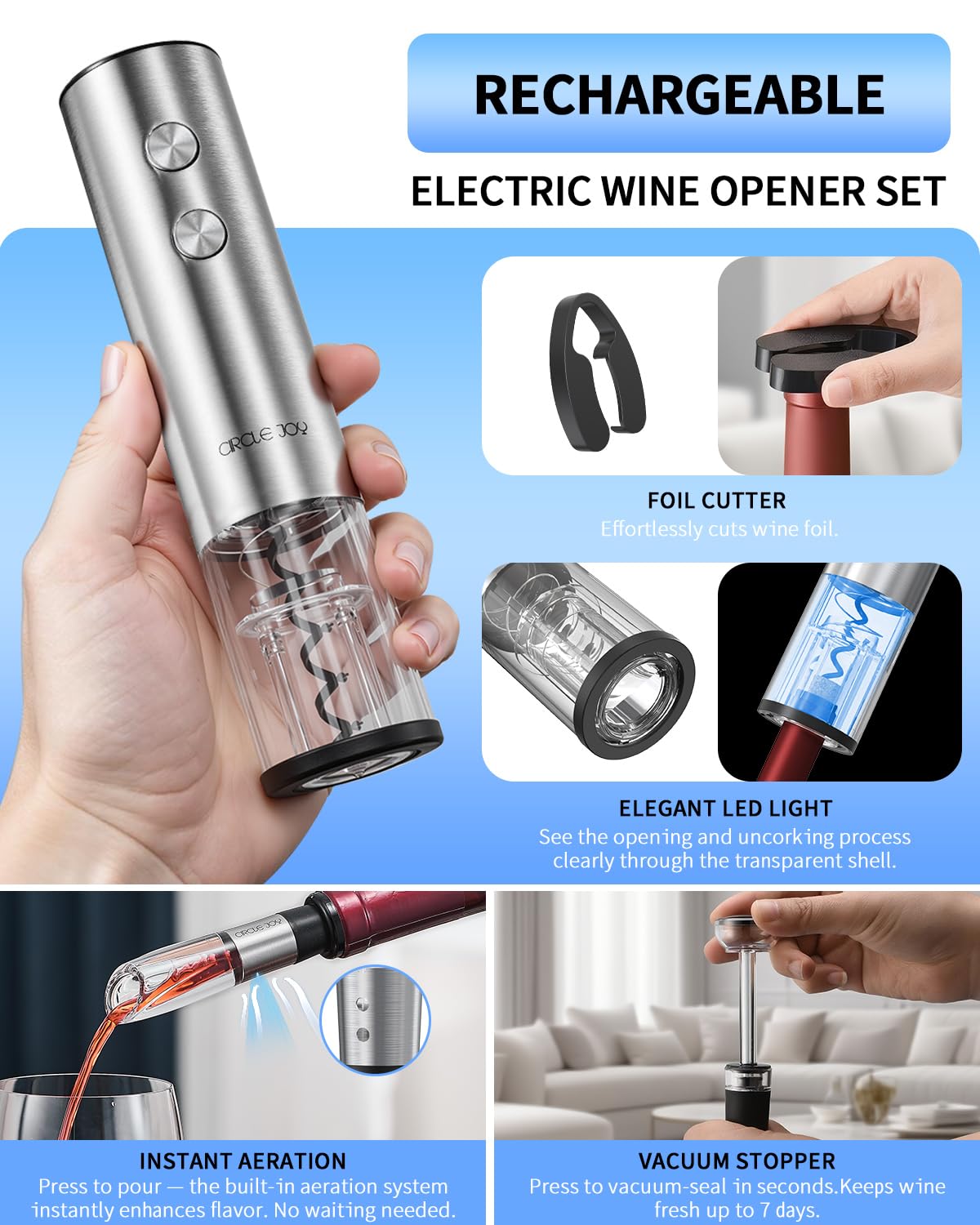 CIRCLE JOY Electric Wine Opener Rechargeable 5-in-1 Stainless Steel Wine Gift Set with Foil Cutter, Wine Aerator Pourer, Wine Drip Ring & Vacuum Stopper, Ideal Gifts for Wine Lovers, Silver