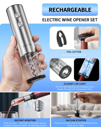 CIRCLE JOY Electric Wine Opener Rechargeable 5-in-1 Stainless Steel Wine Gift Set with Foil Cutter, Wine Aerator Pourer, Wine Drip Ring & Vacuum Stopper, Ideal Gifts for Wine Lovers, Silver