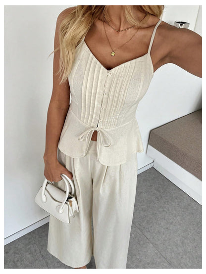 SOLY HUX Women's 2 Piece Summer Outfit Button Down Peplum Cami Top and Wide Leg Pants Set