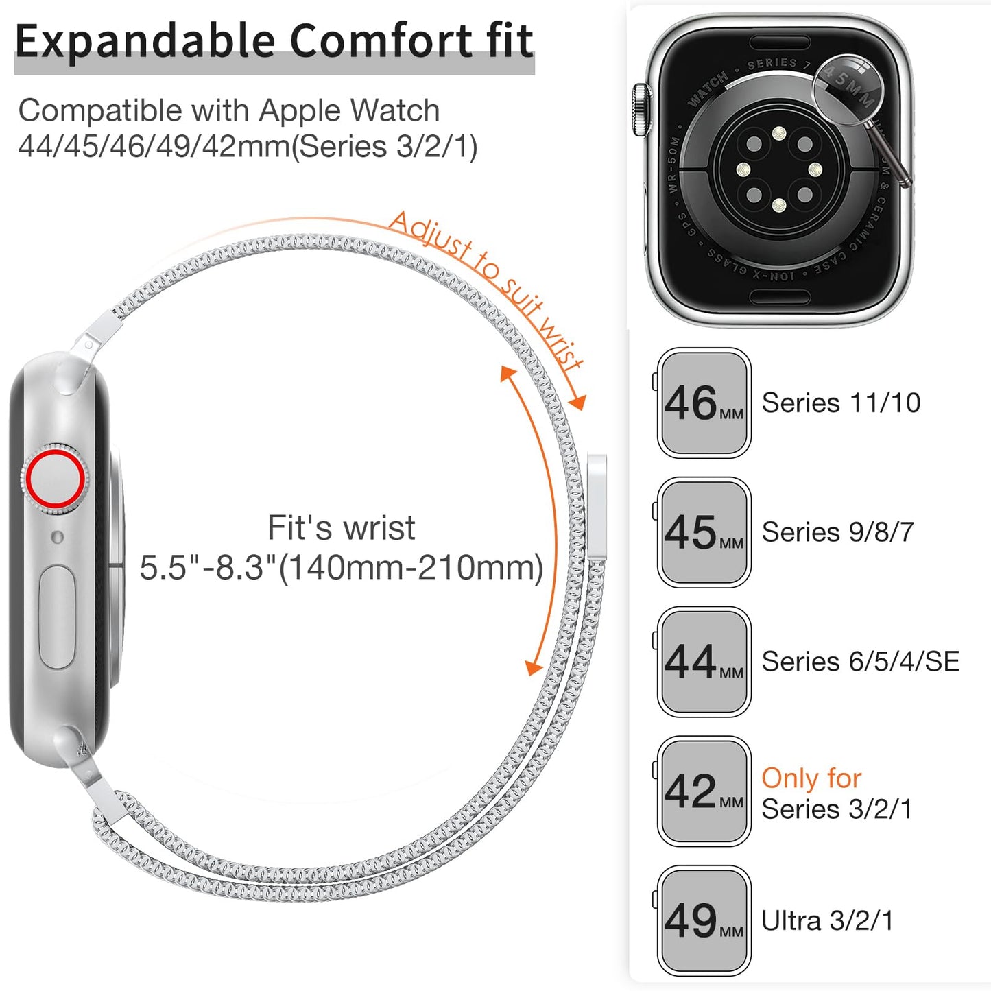 MARGE PLUS Slim Milanese Loop Compatible with Apple Watch Band for women 41mm 40mm 38mm 42mm 46mm 45mm 44mm, Stainless Steel Magnetic Mesh Strap work on iWatch Series 11 10 9 8 7 6 5 4 3 & SE 3 2 1