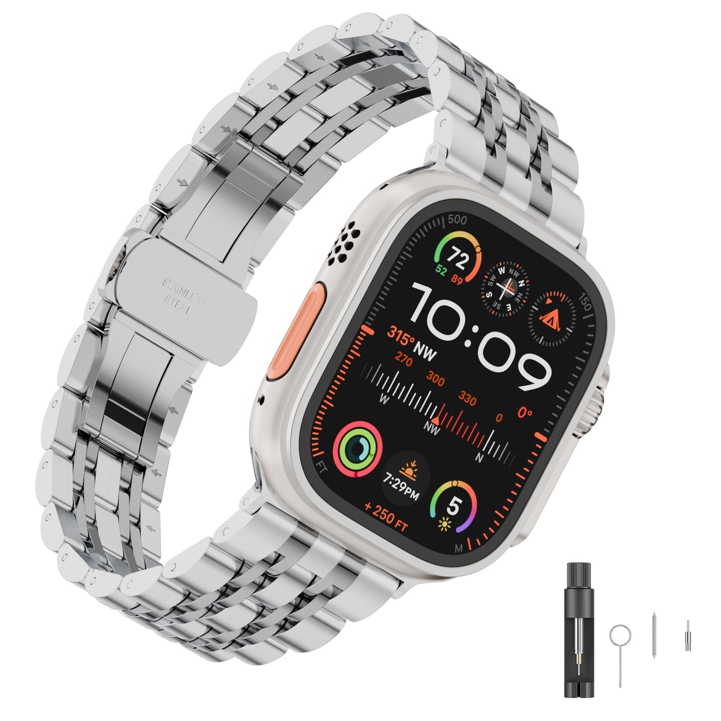 Seven Band Solid Stainless Steel for Apple Watch for Women | Compatible with Apple Watch Band 42mm/41mm/40mm/38mm, Metal Strap for Iwatch Series 11-1/SE 1-3 Women and Men, Gold Silver.