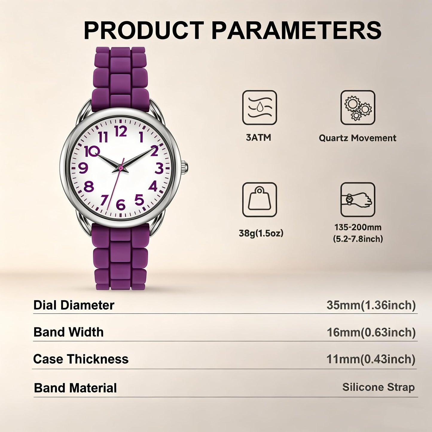Bisley 35MM Watches for Women Big Face Easy Reader Silicone Strap Water Proof