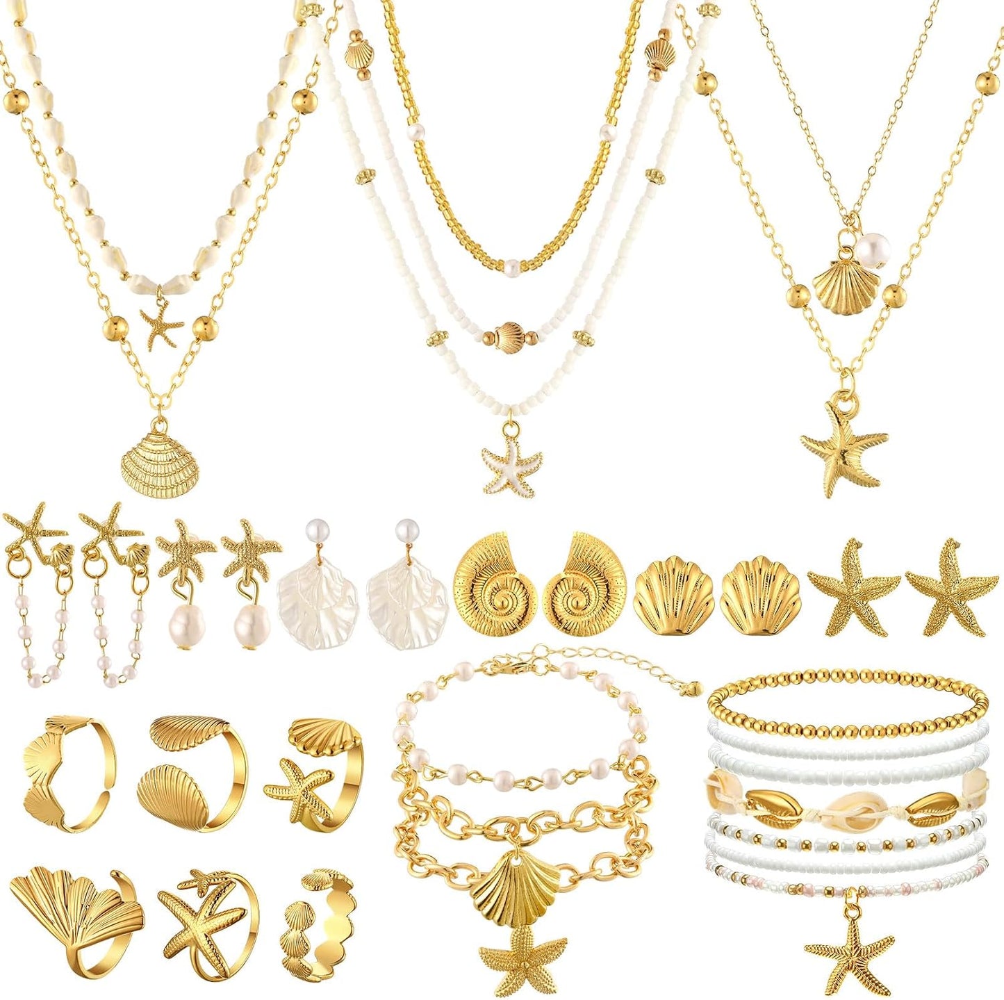 Tondiamo 23 Pcs Seashell Starfish Jewelry Set Boho Summer Beach Mermaid Accessories Layered Charm Necklace Earrings Studs Bracelets Rings for Women Holiday Vacation Wedding Party Gift