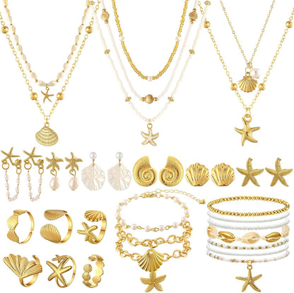 Tondiamo 23 Pcs Seashell Starfish Jewelry Set Boho Summer Beach Mermaid Accessories Layered Charm Necklace Earrings Studs Bracelets Rings for Women Holiday Vacation Wedding Party Gift