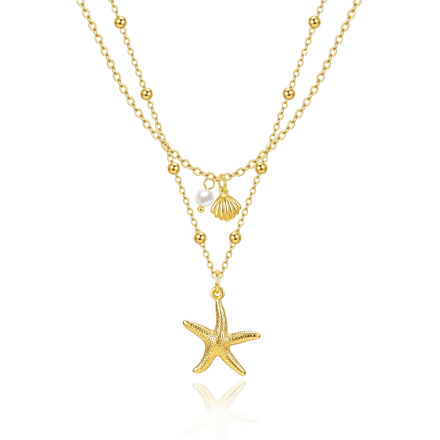 Zeffy Shell Necklace for Women,14K Gold Plated Layered Starfish Conch SeaShell Pearl Pendant Charm Necklace Stack Waterproof Dainty Beach Jewelry for Summer Vacation