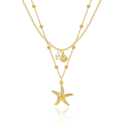 Zeffy Shell Necklace for Women,14K Gold Plated Layered Starfish Conch SeaShell Pearl Pendant Charm Necklace Stack Waterproof Dainty Beach Jewelry for Summer Vacation