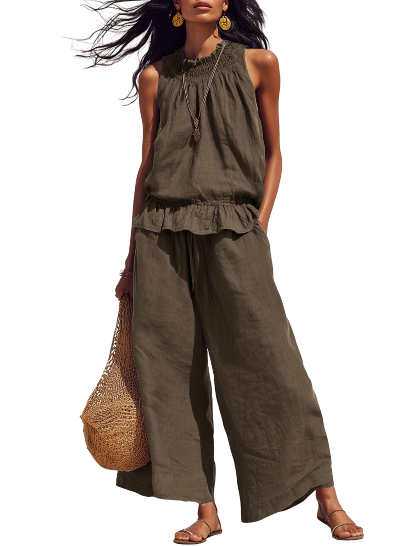 Tanming Women's Linen 2 Piece Outfits Sleeveless Ruffle Top Wide Leg Pants Summer Loungewear Beach Travel Sets