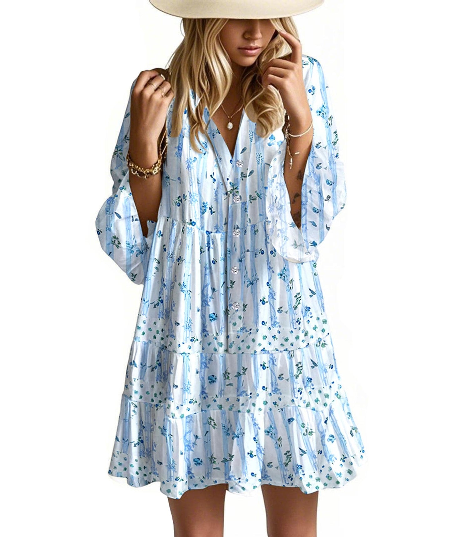 Opemiby Summer Dresses for Women 2026 Flowy Ruffle 3/4 Sleeve V Neck Tiered Casual Babydoll Boho Beach Mini Dress