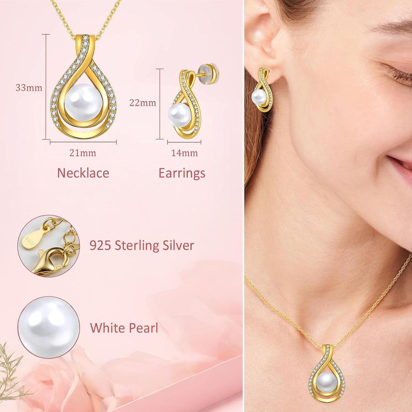 Infinity White Black Pearl Necklace and Earrings Set for Women Gifts for Mom Birthday Mothers Day AAA+ Handpicked Pearl 14K Gold/White Gold Plated Adjustable Jewelry