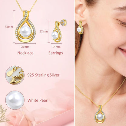 Infinity White Black Pearl Necklace and Earrings Set for Women Gifts for Mom Birthday Mothers Day AAA+ Handpicked Pearl 14K Gold/White Gold Plated Adjustable Jewelry