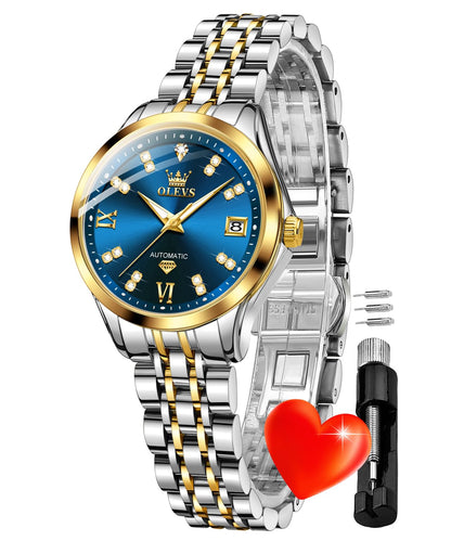 OLEVS Womens Automatic Watches Gold Classic Diamond Ladies Self Winding Mechanical Two Tone Stainless Steel Wrist Watch Date