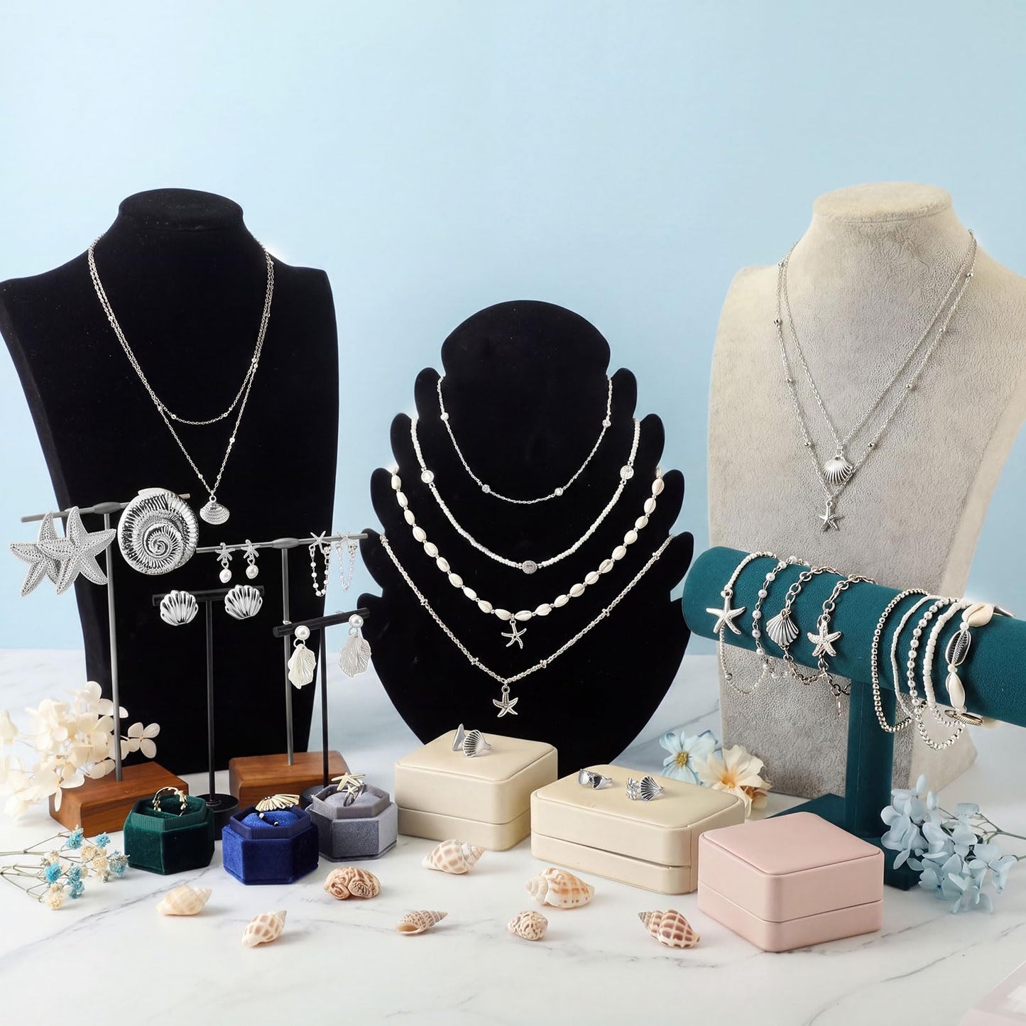 Tondiamo 23 Pcs Seashell Starfish Jewelry Set Boho Summer Beach Mermaid Accessories Layered Charm Necklace Earrings Studs Bracelets Rings for Women Holiday Vacation Wedding Party Gift