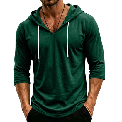 Mens Hooded 3/4 Sleeve Pullover Relaxed Fit Casual Lightweight Comfort Top