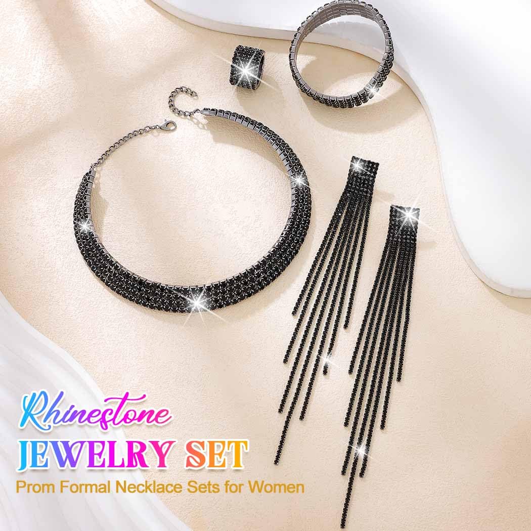 Unicra Rhinestone Bridal Wedding Jewelry Sets Silver Choker Necklace Earrings Bracelet Ring Set Prom Formal Costume Jewelry Set for Women and Brides
