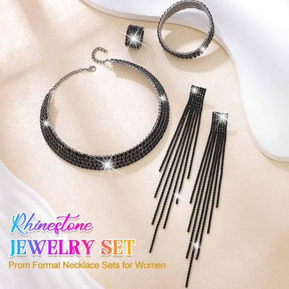 Unicra Rhinestone Bridal Wedding Jewelry Sets Silver Choker Necklace Earrings Bracelet Ring Set Prom Formal Costume Jewelry Set for Women and Brides