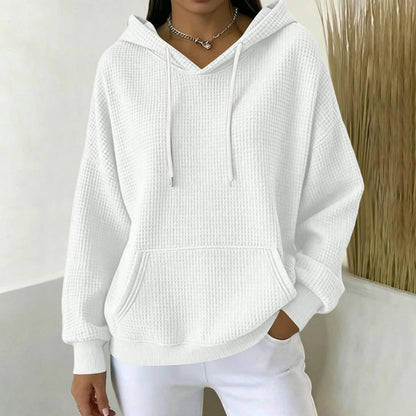 Women Casual Waffle Grid Textured Pullover Hoodie Contrast Drawstring Pocket Loose Long Sleeve Sweatshirts