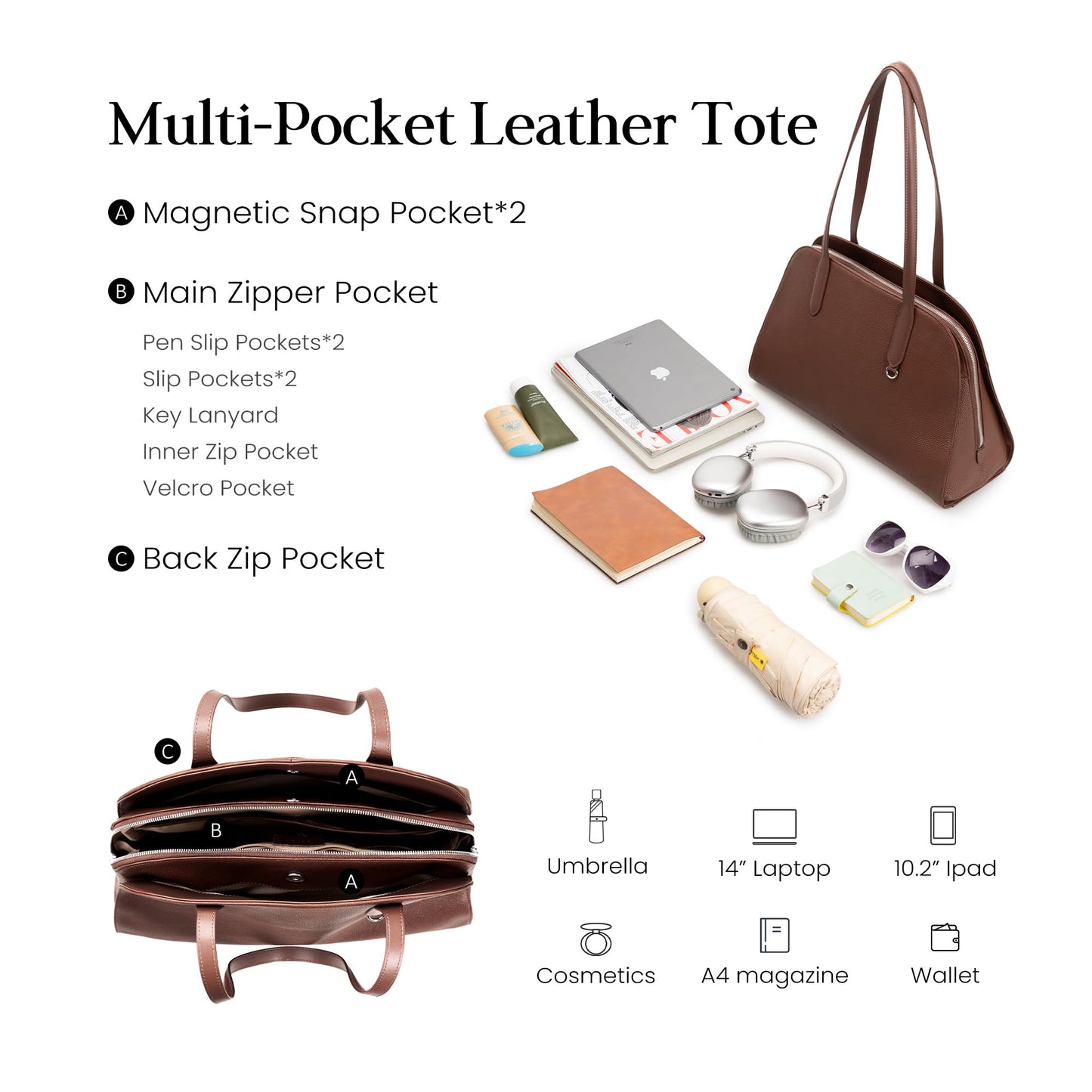 befen Genuine Leather Tote Bag for Women Work, Women's Leather Shoulder Bags Purses Satchel Handbags with Laptop Compartment