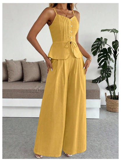 SOLY HUX Women's 2 Piece Summer Outfit Button Down Peplum Cami Top and Wide Leg Pants Set